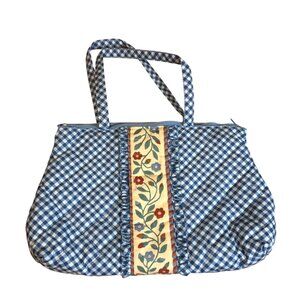 Gingham Quilted Tote Bag Ruffle Trim Floral Print Double Strap Blue Red Retro